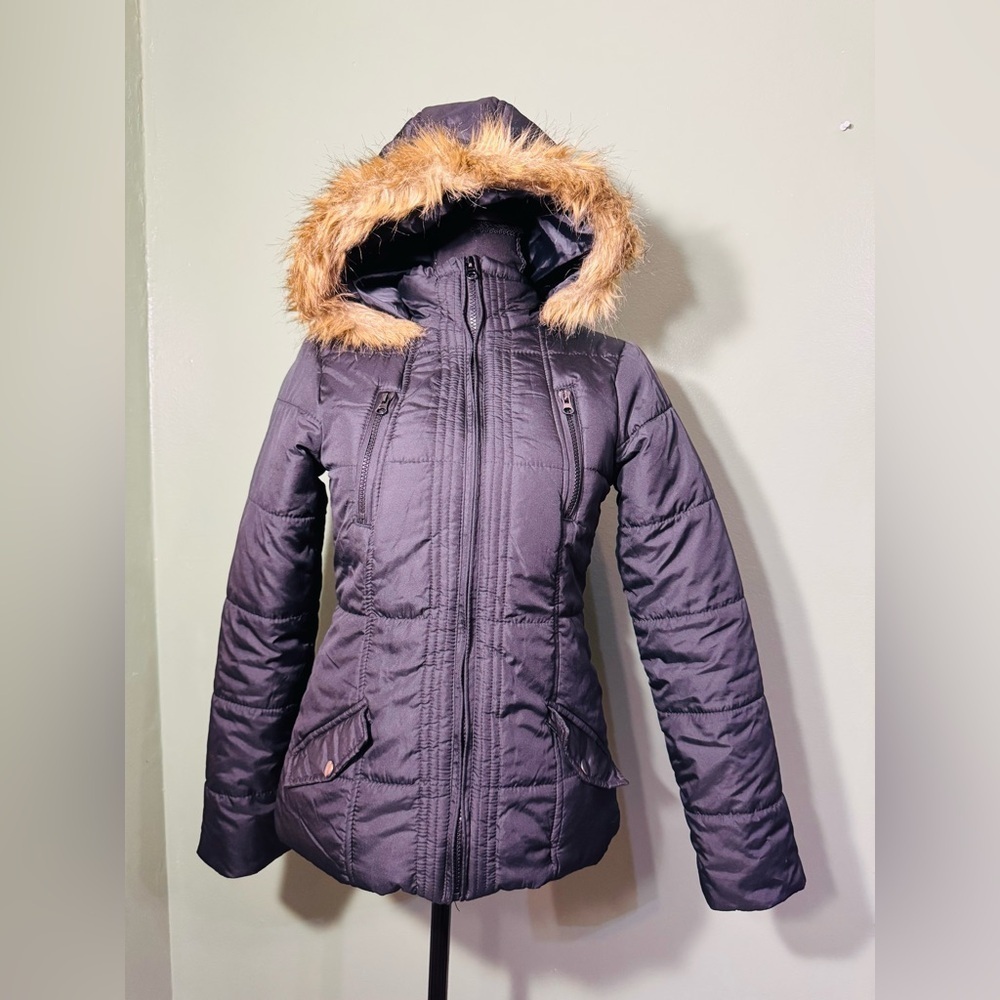 Krush Women's Black Quilted Jacket with Faux Fur Hood